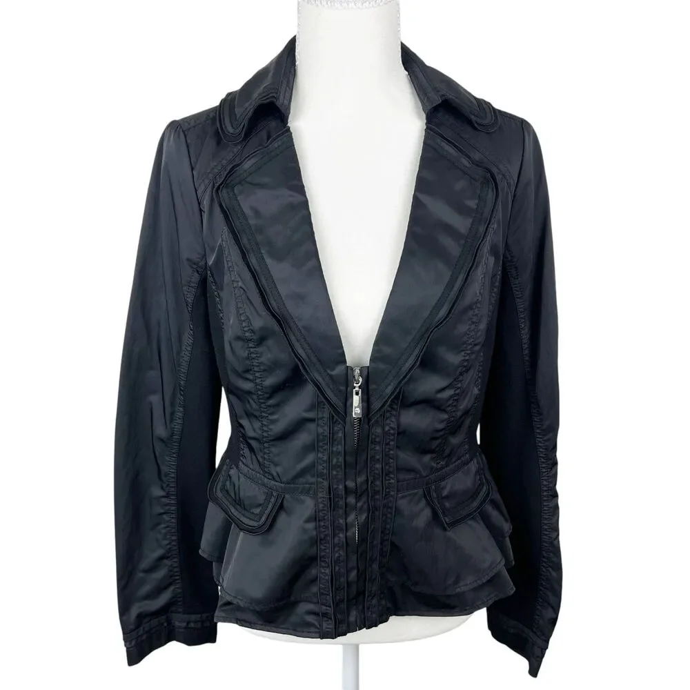 White House Black Market Blazer Women 8 Black Zip Long Sleeve Jacket Mixed Media